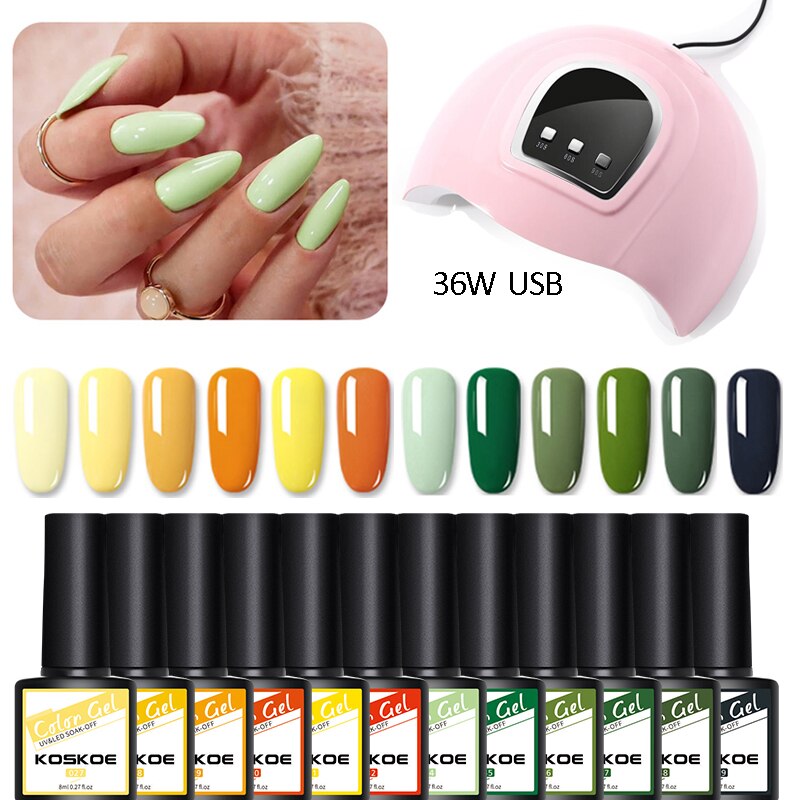 Koskoe neglesæt gel lak sæt kit 8/10/12/14/16 uv led farve gel negle lak kit med negle lampe negle kunst dekorations værktøj: 36w 12 farver sæt 17