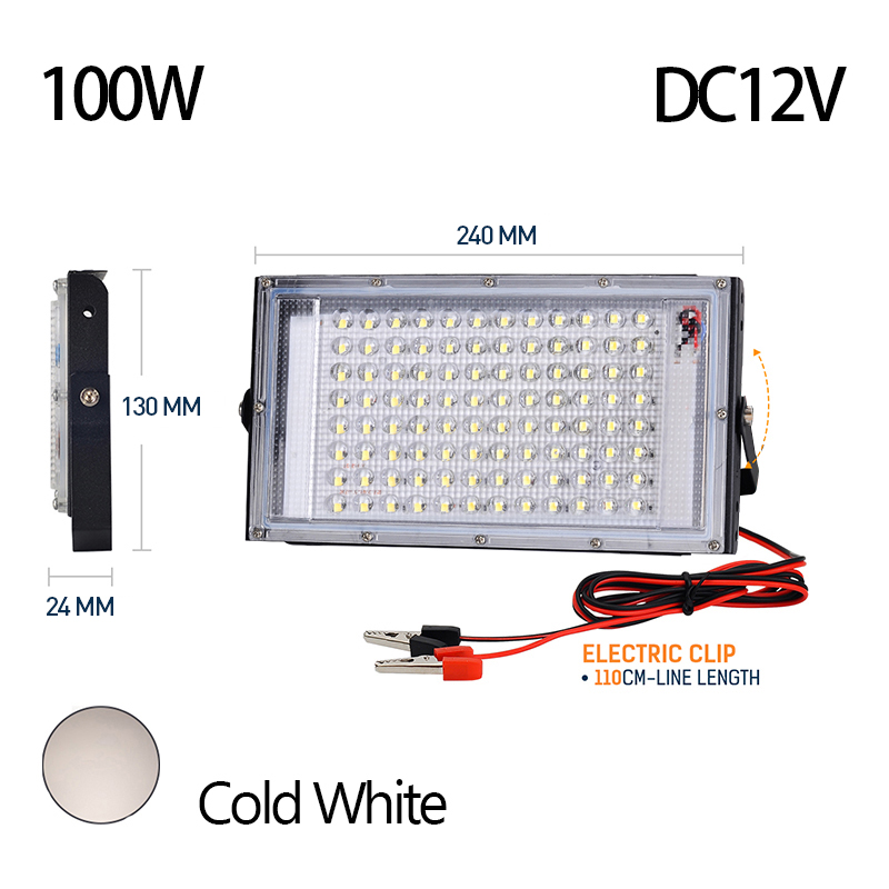 Dc 12V Led-Schijnwerper 50W 100W Elektrische Clip Oplader Led Noodlamp Led Buitenverlichting Voor Kamperen Wandelwerk: Beige