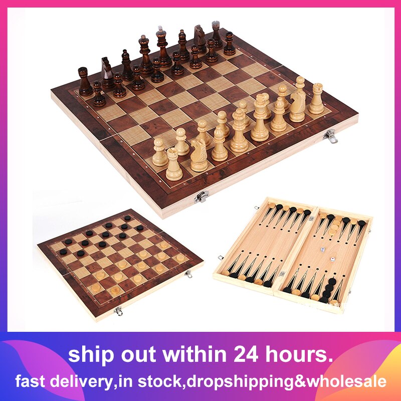 3 In 1 Schaakspel Houten Schaakspel Backgammon Checkers Indoor Reizen Schaken Houten Opvouwbare Schaakbord Schaakstukken Schaakstuk