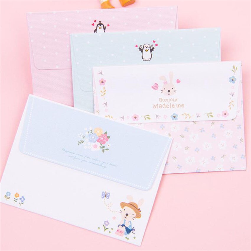 Mini 2Pcs Envelope + 4 Sheets Paper Letter Set Cute Cartoon Rabbit Penguin Envelopes Paper Letter Greeting Card Letter Pad