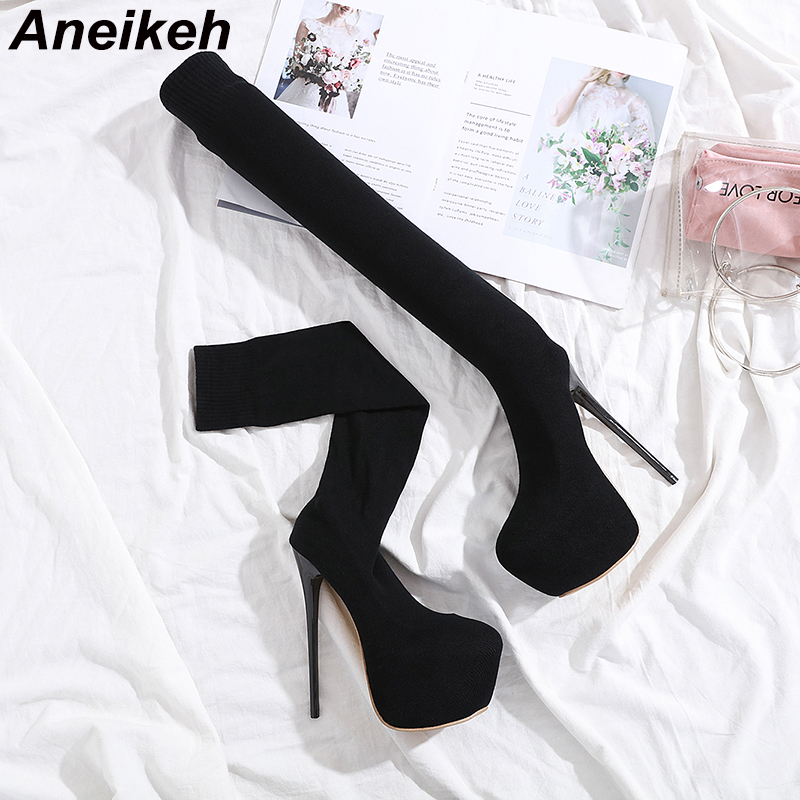 Aneikeh Stretch Fabric Over-the-Knee Boots Shoes Woman 17 CM Thin High Heels Chelsea Riding, Equestrian Nightclub Botas