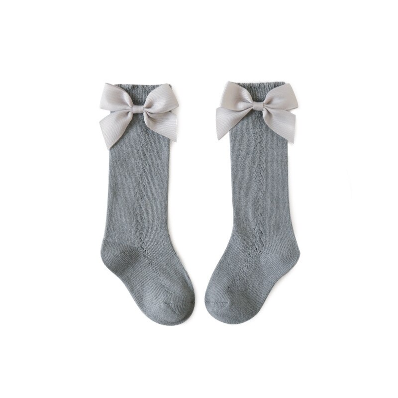 Baby Meisjes Koninklijke Stijl Knie Hoge Sokken Peuter Strik In Buis Lange Sokken Katoen Kant Kniekousen Meisje Kid Hollow Out sok 0-6Y: gray blue / 11cm(0-3year)