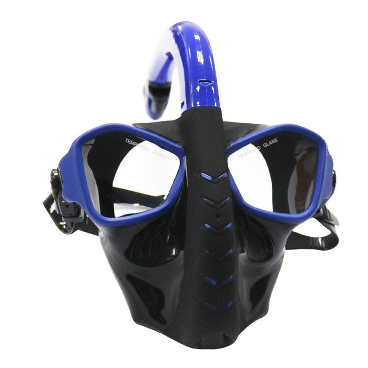 Maschera Snorkeling Viso Intero QUWIN – Vista Panoramica 180°, Antiappannamento, Taglia L, Nero/Blu