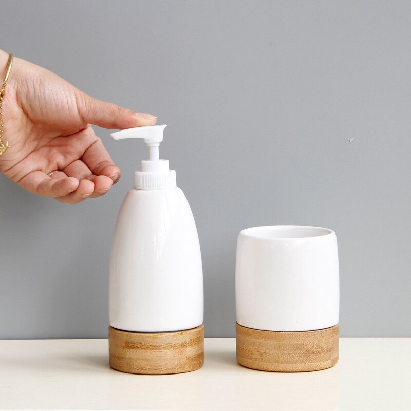 -Two-Piece Ceramic Bamboo Mouthwash Cup Brushing Cup Bathroom Lotion Container Kitchen Tableware Dishwashing Liquid Conta