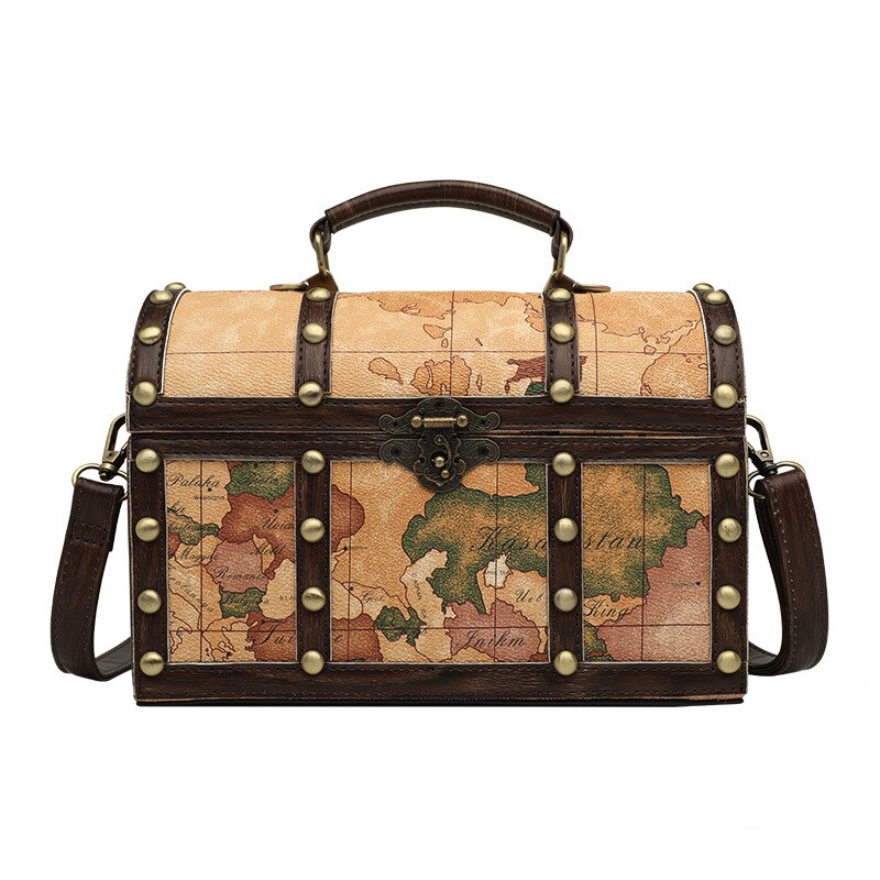 World map treasure chest Women Bags Leather Patchwork Embroidery Handbag Girl Shoulder Bags Cross Body Messenger Bag Female Tote