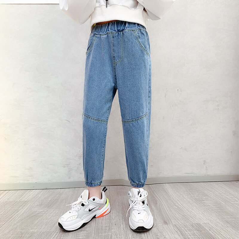 Spring Autumn Loose Leisure Jeans For Girls Children Blue Jeans Sport Kids Female Denim Pencil Trousers 4-13Years Old