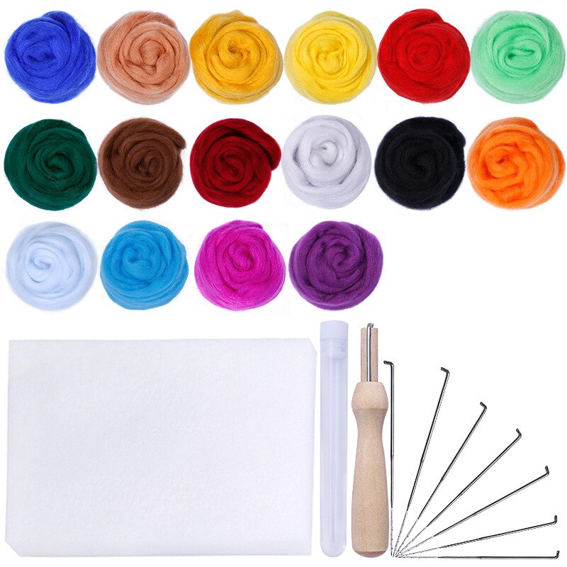 16 Colors Wool Felt Roving Wool Felting Tool Kit Fiber Material with Felt Needle Set Weaving Needlework Spinning Craft Kits