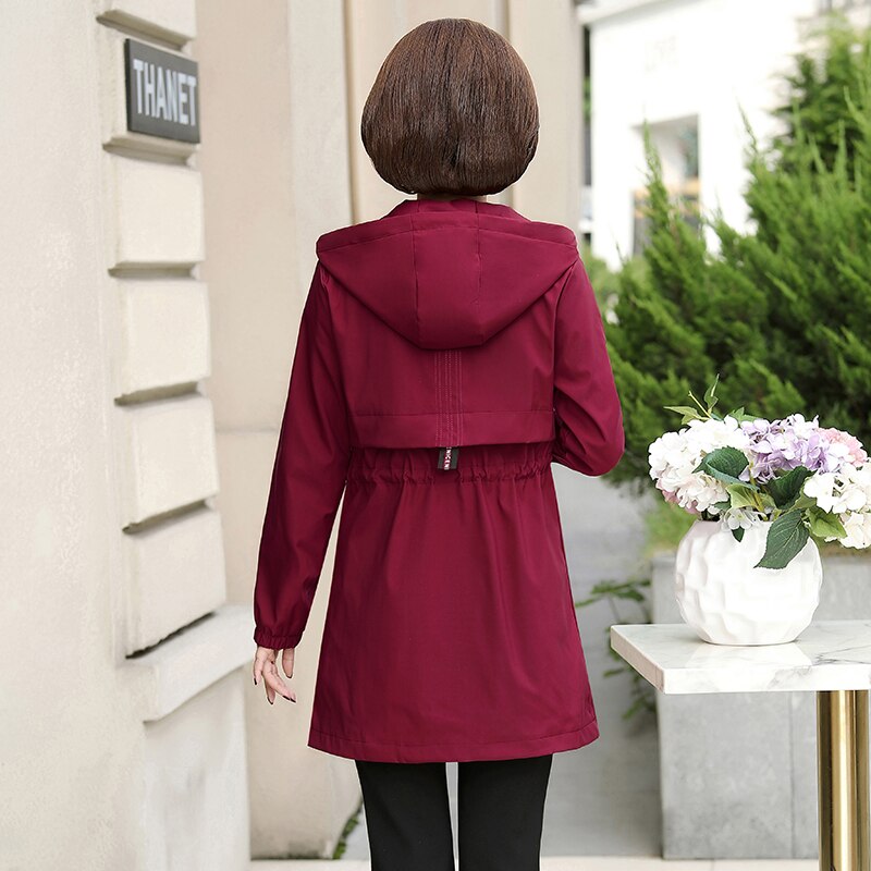 Printemps automne mère veste moyen-âge femmes décontracté à capuche manteau mi-long grande taille femme coupe-vent 5XL W2099