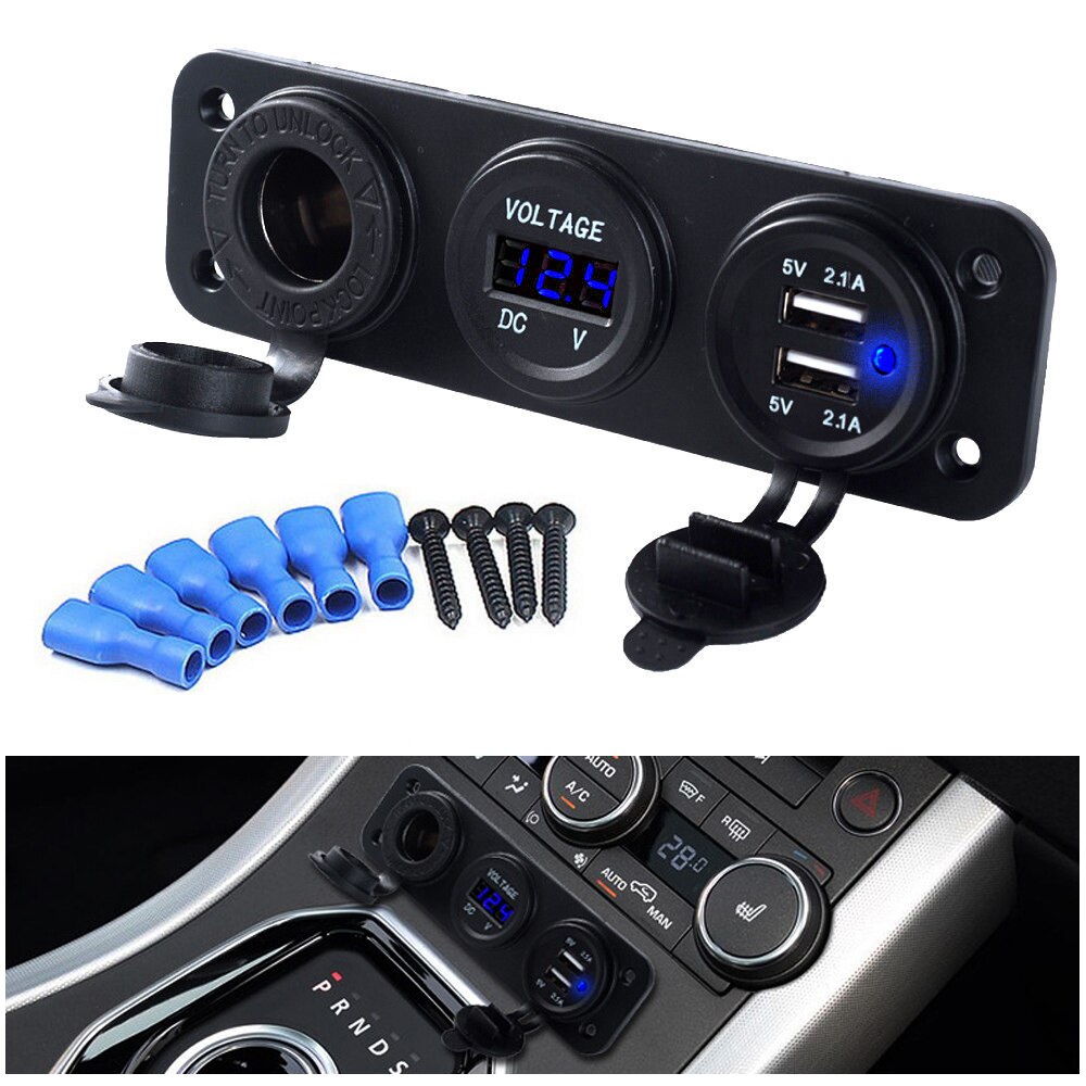 4.2A Autolader Motorfiets Plug Dual Usb Adapter + 12V/24V Sigarettenaansteker Led + Digitale voltmeter Usb Car Socket: blue