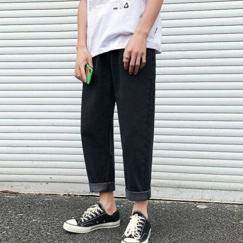 Svarta jeans herr solid ankellång dragsko tvättad casual plus size 3xl lös herr enkel harajuku daglig streetwear denim chic