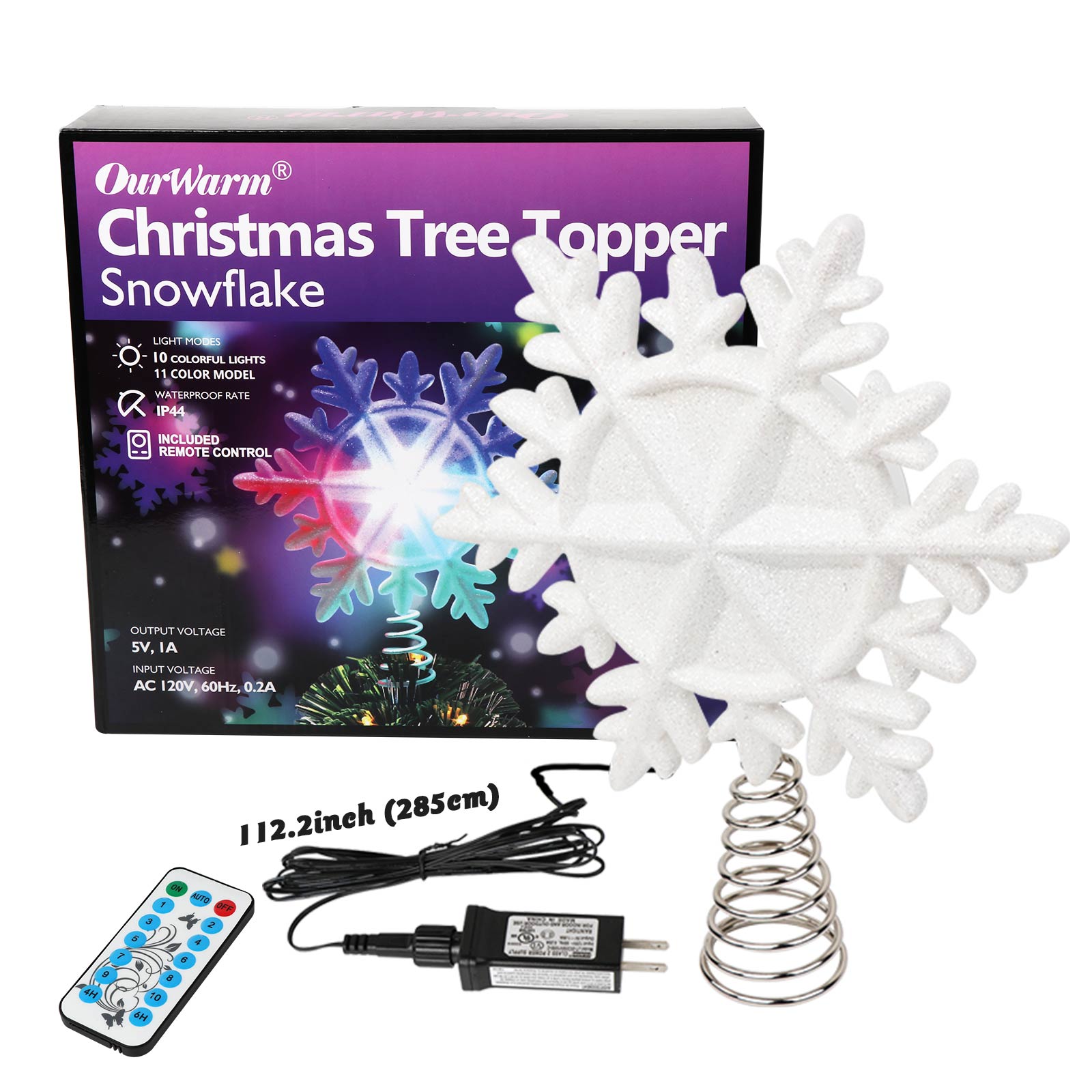 OurWarm Christmas Tree Topper Lighted with White Snowflake Projector Rotating 3D Glitter Lighted Christmas Decorations for Tree