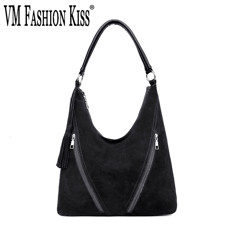 VM KISS Female Suede Leather Shoulder Bag Women Leisure Tassel crossbody Handbag Hobos Messenger Top-handle bags Purse