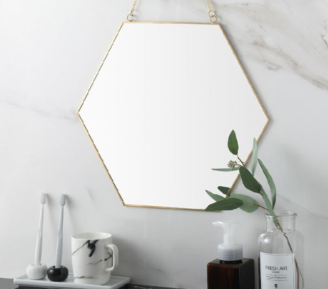 Nordic Minimalist Geometric Makeup Mirror Gold Brass Hexagonal Mirror Round Vanity Mirror Q423