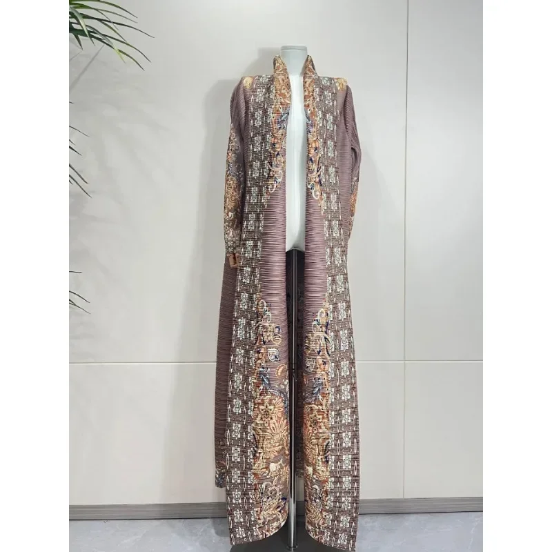 KAF Plissee Frauen Graben Mantel Jahrgang Gedruckt Strickjacke verlieren Plus Größe Frauen Lange Kleid Dubai Weibliche Luxus Abaya 2024