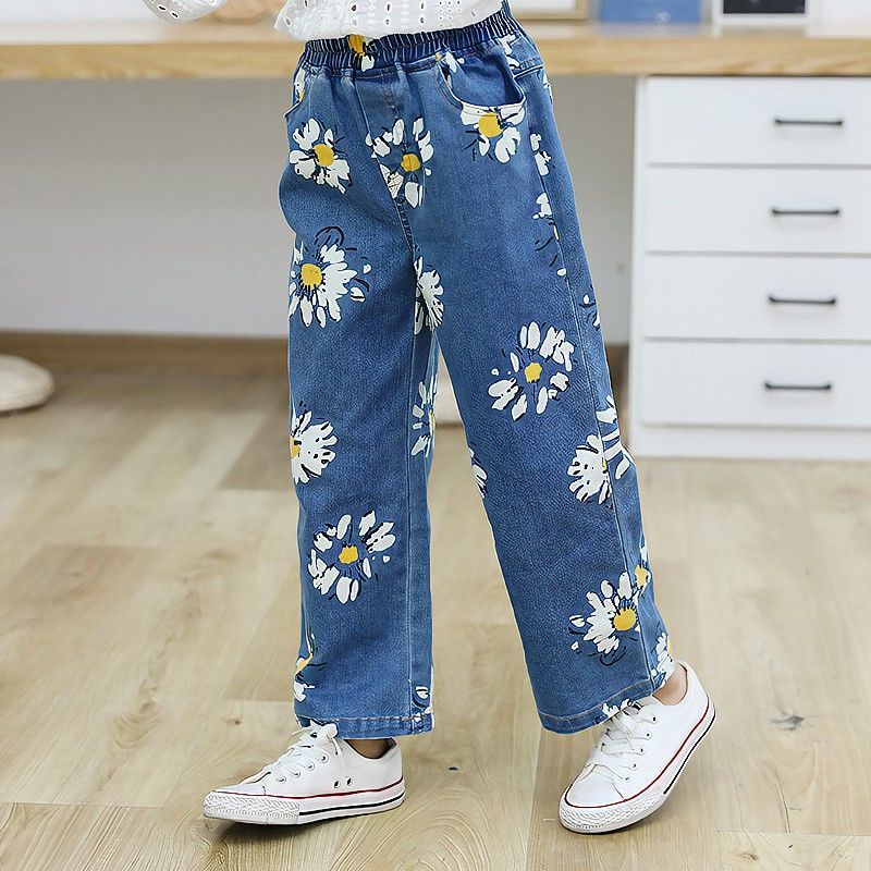 2021 primavera autunno bambini ragazze Jeans stampa floreale Jeans pantaloni gamba larga ragazze moda ragazze pantaloni bambini vestiti Casual per ragazze