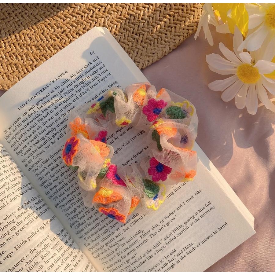Xiaoboacc scrunchies korea zomer borduurwerk bloemen hoofdband haarkoord