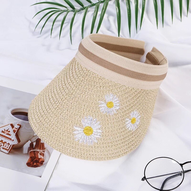 Kesänainen tyhjä ylhäällä aurinkosuoja hattu kesäkukka olki leveä lieri aurinkosuojat uv suoja hattu miehille ja naisille: Beige / 50-54cm