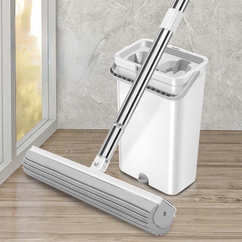 Fregona de esponja absorbente fuerte con cubo, escurridor, deshidratado para limpieza del hogar, cocina, baño, suelos de madera, herramienta de fregona perezosa
