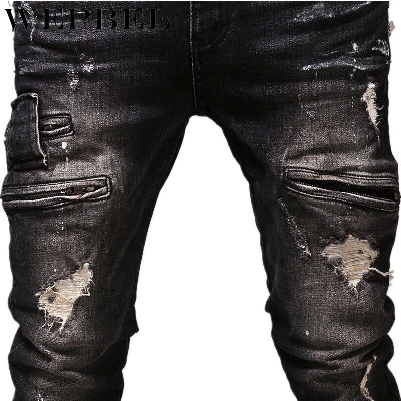 WEPBEL Hip Hop Rock Moto Jeans Mens Distressed Ripped Punk Skinny Stretch Denim Biker Jeans Male Straight Black Pants Plus Size