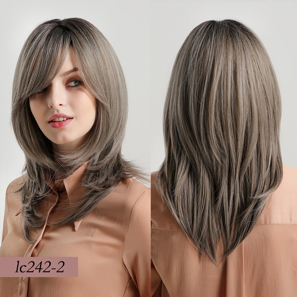 Element Synthetische Lange Rechte Haar Licht Bruin Mix Blonde Pruiken Met Pony Kant Voor Wit/Zwart Vrouwen Daily Wear: lc242-2