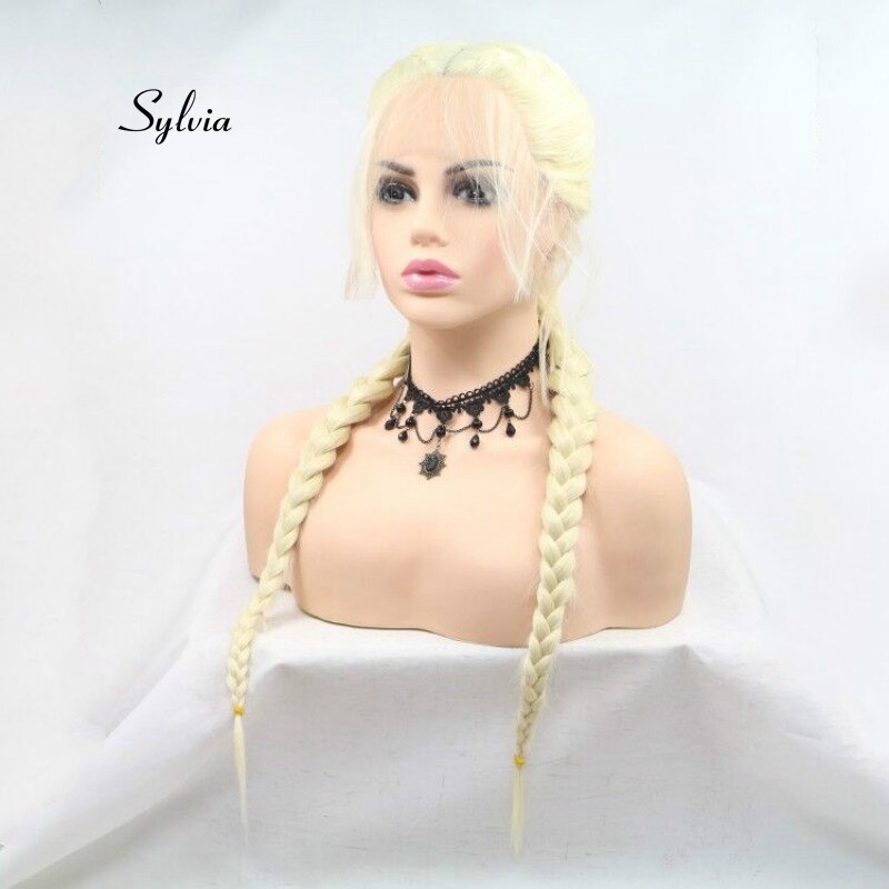 Sylvia Licht blond Doppel flechten Perücke Mit Baby Haar Synthetische flechten Spitze Vorderseite Perücken Wärme Beständig Faser Haar Mittelscheitel