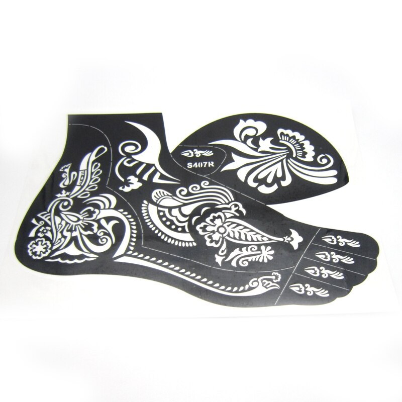 Plantillas de tatuaje de Henna para pies, 1 pieza, para pintura corporal, aerógrafo grande con purpurina de flores, plantillas de tatuaje de pies, ehndi, 24x16,5 cm