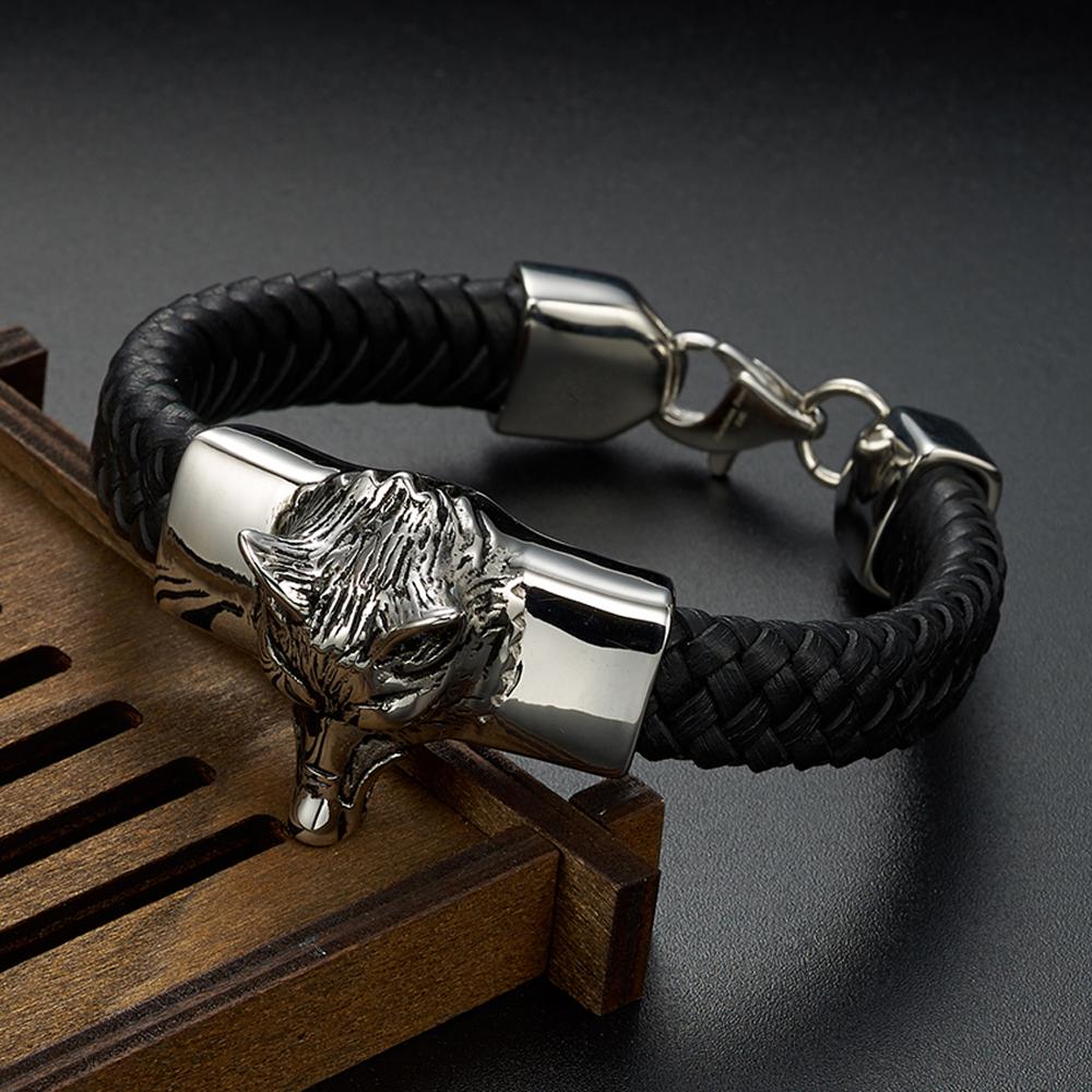 Vintage bijoux hommes garçons argent/or acier inoxydable breloque Animal loup tête Bracelet en cuir noir Bracelet Bracelet 15mm * 21cm