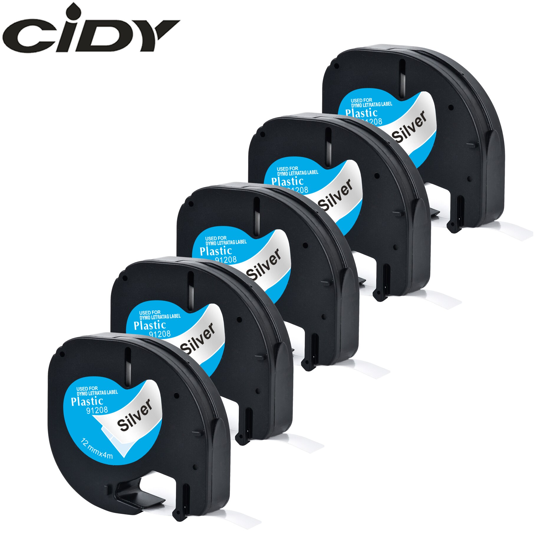 5pcs mixed color of 91201 91202 91203 91204 91205 labels 12mm dymo letratag 91201 91331 tape for LT-100H label maker: black on silver