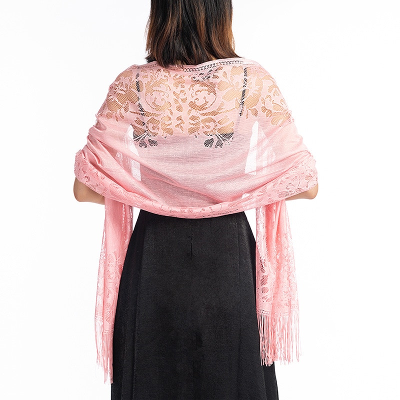 Kanten Sjaal Bruid En Bruidsmeisje Vrouwen Sjaal Wraps Party Holle-out Gehaakte Bloemen Tassel Tulle Sjaals Dames Retro Shawl: Roze