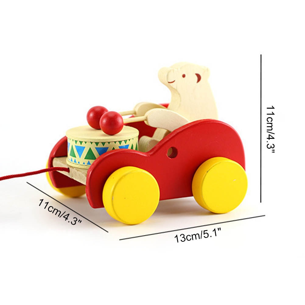 Enfants en bois dessin animé ours tambours traînant remorque pour la marche formation bébé marche le long jouet en bois remorquable jouet voiture Railer modèles