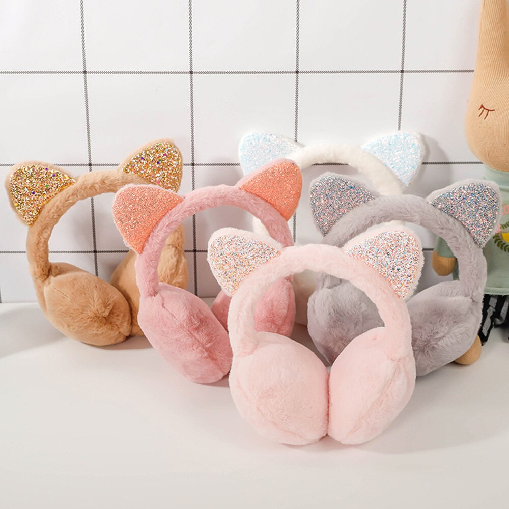 Orejeras de felpa con orejas de gato para niño, orejeras bonitas y cálidas para exteriores, de lentejuelas brillantes, suaves, diadema para niño, 6 colores