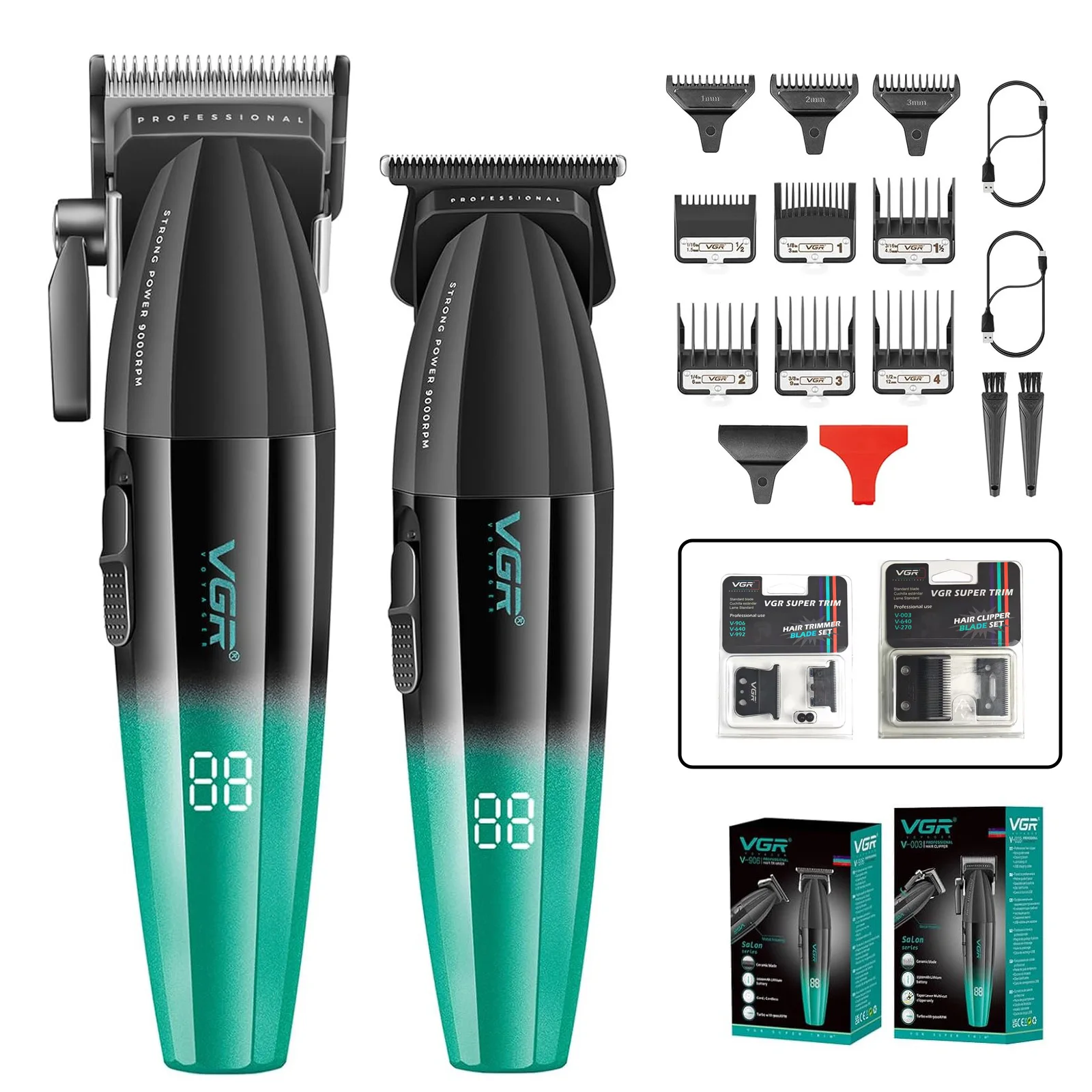 Vgr 003 906 profissional fade máquina de cortar cabelo sem fio aparadores para homens conjunto carga usb display led kit corte cabelo