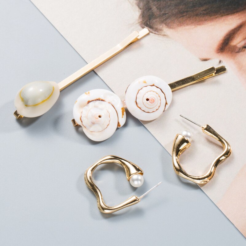Find Me Shell Rhinestone Earrings Hairpins Jewelry Set for Women Simple Alloy Imitation Pearl Hair Clips Accessories