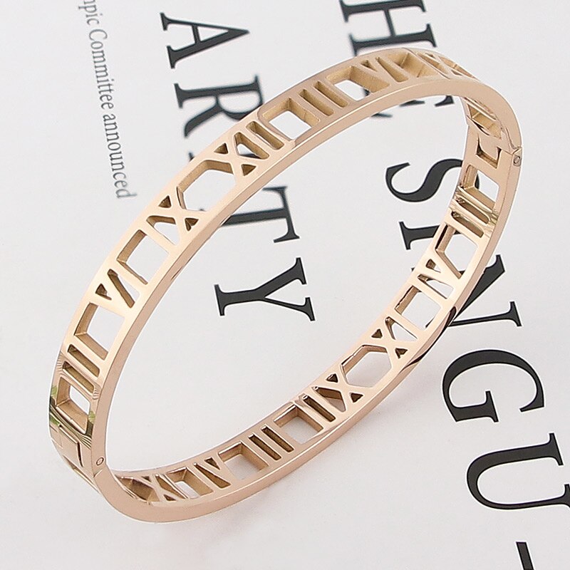 Classic 3 Colors Beautiful And Hollow Roman Numeral Bracelets &amp; Bangles Stainless Steel Bangle For Woman