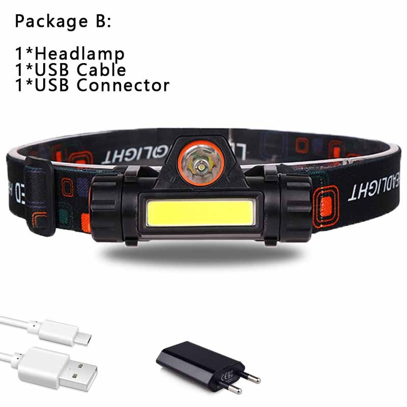 USB port frontal headlamp flashlight Head Light lamp Rechargeable 2modes COB +XPE powerful with battery Lamp Torches running: B