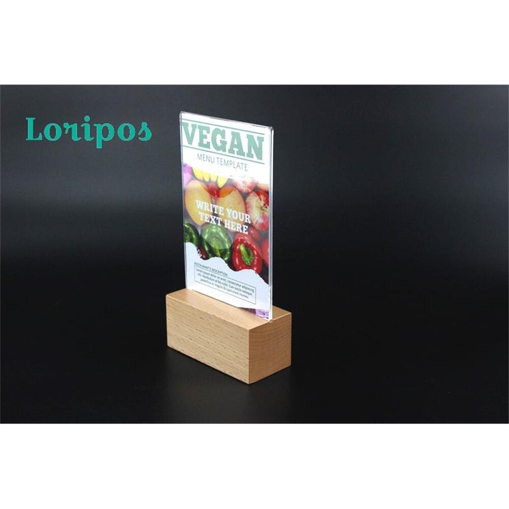 A6 Unique Easy Reused Acrylic Clear Price Tag Menu Display Table Top Desk Sign Label Holder Thick Wood Base
