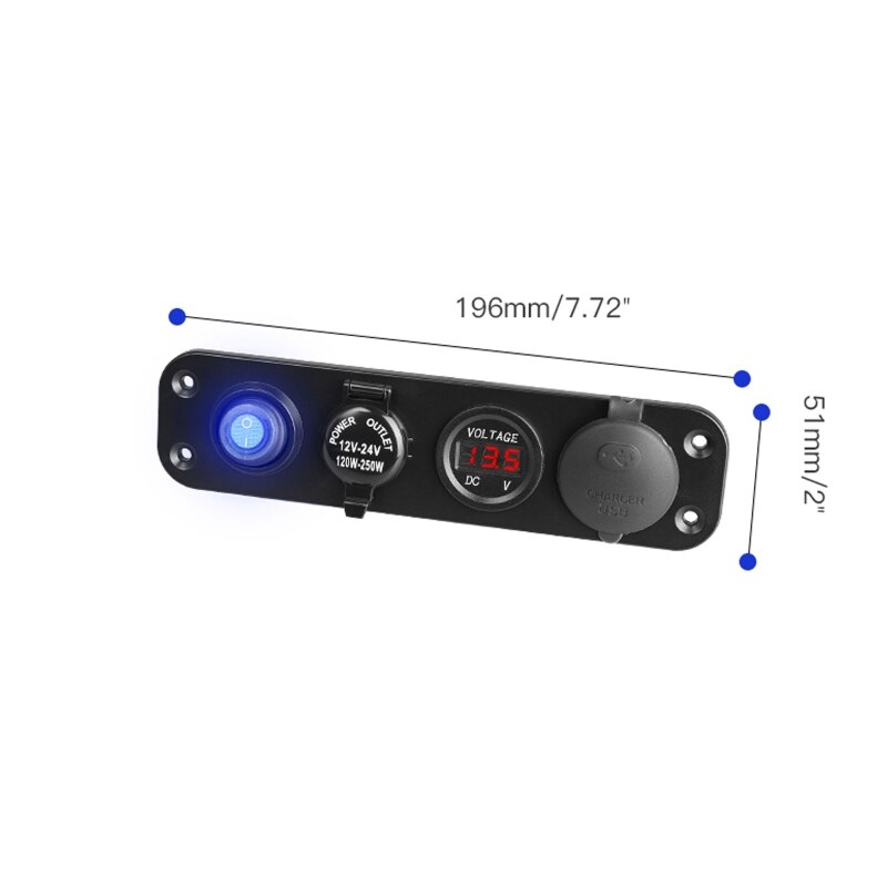 Kfz-schnellladegerät mit  qc3.0 usb-c-anschlüssen, led-voltmeter und 12v steckdosen sowie ein-/ausschalter für auto, boot, wohnmobil, lkw und suv