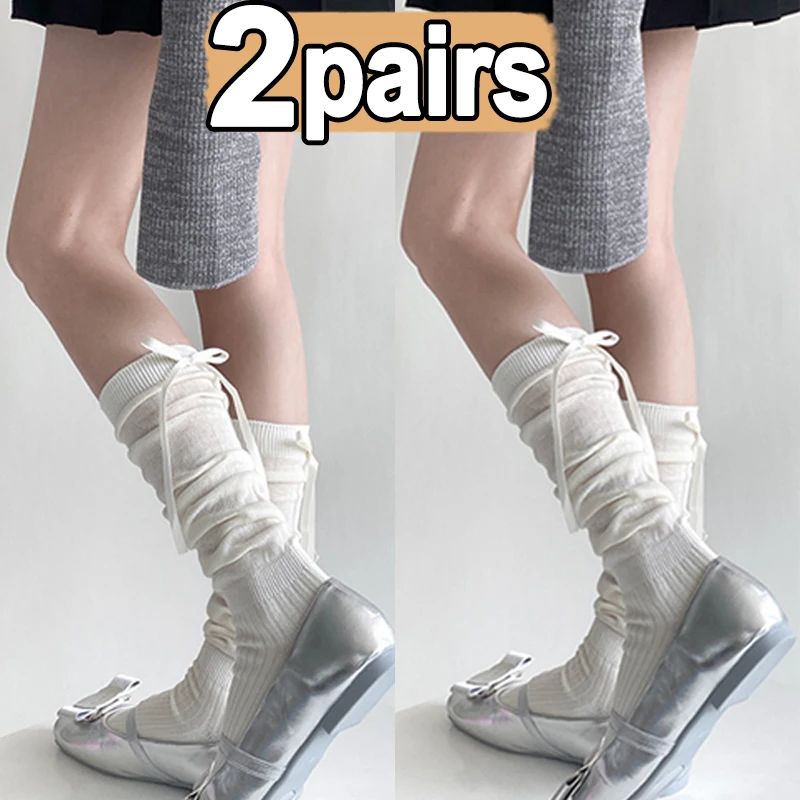Lolita Long Socks Women Bandage Ribbon Bow Sweet Girls Kawaii Cute Middle Tube Socks Ballet Style Solid Color Black White Socks: black