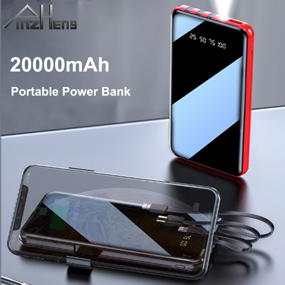 Pinzheng 20000Mah Draagbare Power Bank Full Screen Ingebouwde 3 Kabels Powerbank Voor Iphone Xiaomi Snelle Opladen Externe batterij