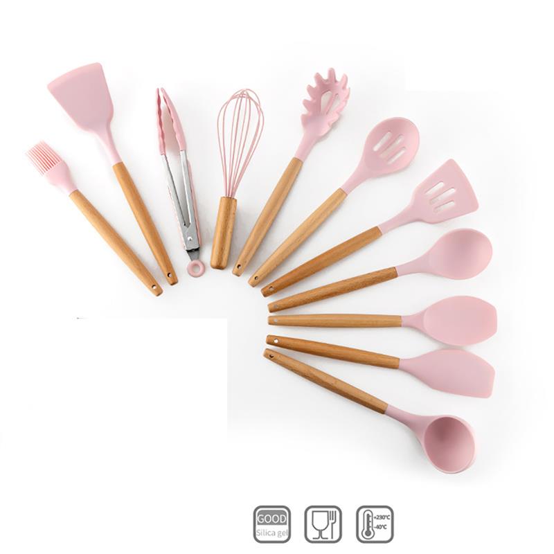 Ustensile de cuisine rose en Silicone de supérieure, avec manche en bois Flexible antiadhésif, ustensile de cuisine domestique