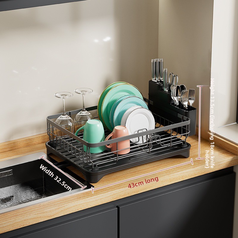 Afdruiprek, afdruiprek met grote capaciteit en afdruipplank, dubbellaagse afneembare schotelopslagorganisator voor borden, kopjes: GRIJS