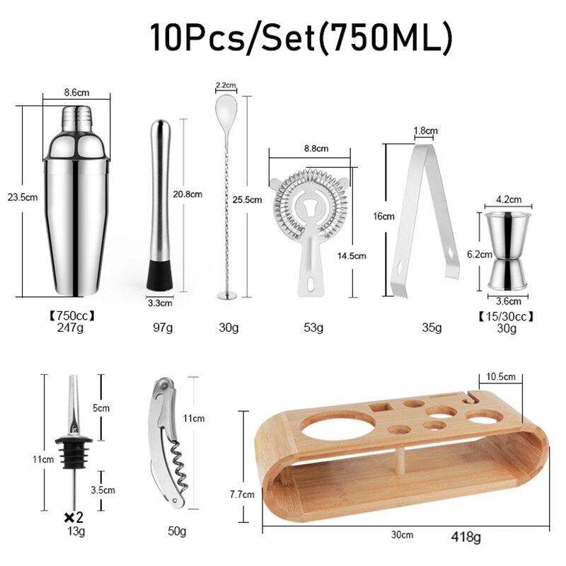 550ML/750ML Stainless Steel Mixer Wine Martini Cocktail Shaker Cocktail Shaker Bar Set Boston Shaker For Drink Party Bar Tools: 10Pcs 750ML