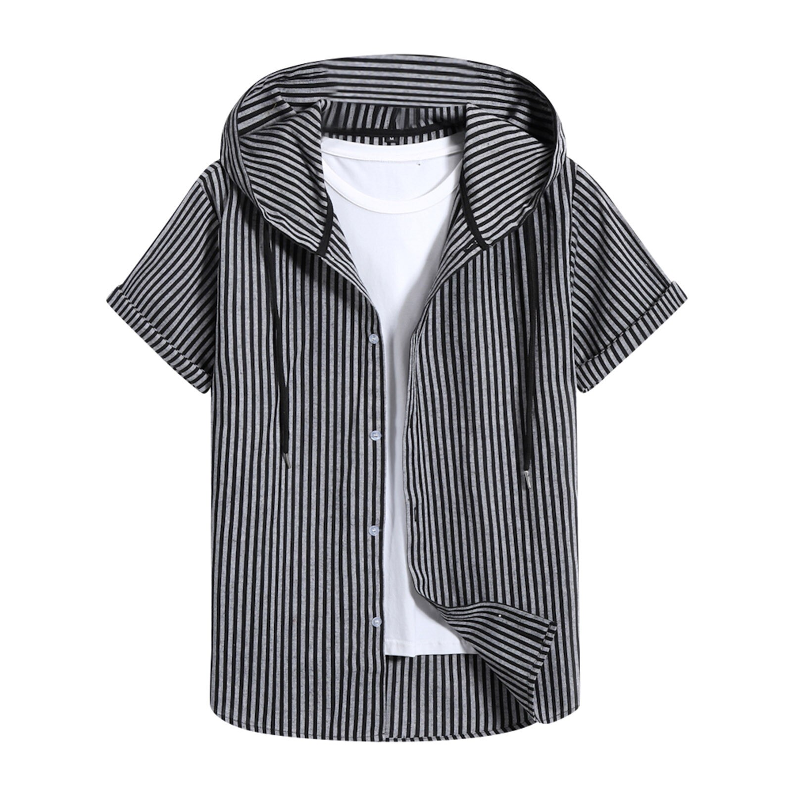 Summer Shirt For Men Spring Casual Dress Shirt Clothes Slim Plaid Short Sleeve Shirts Hooded Shirts Top Blouse рубашка мужская: Black / S