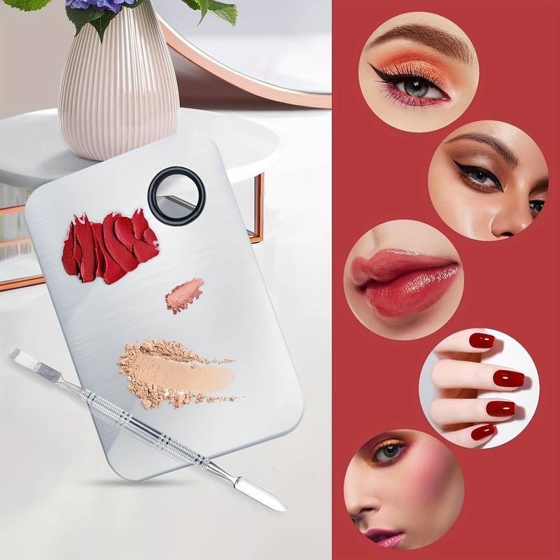 Mezclador de maquillaje de acero inoxidable, placa mezcladora de esmalte de uñas, base, paleta mezcladora de sombra de ojos con varilla de espátula, herramientas de belleza para manchas