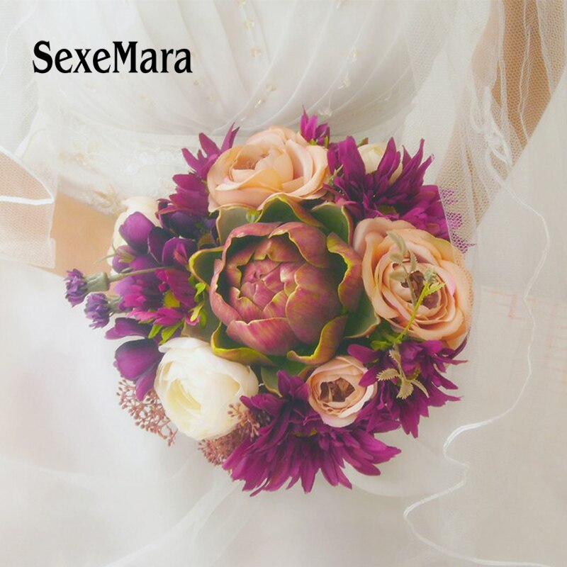 Sexemara lilla, grøn post kød plante bryllup buketter brud holder blomst vandfald hånd blomst bryllup buket