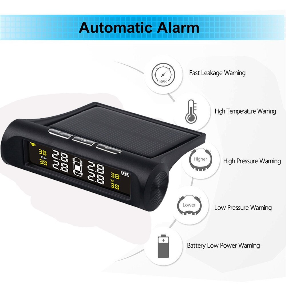 Solar TPMS Car Tire Pressure Alarm Monitor System Display Intelligent Temperature Warning Fuel Save with 4 External Sensors