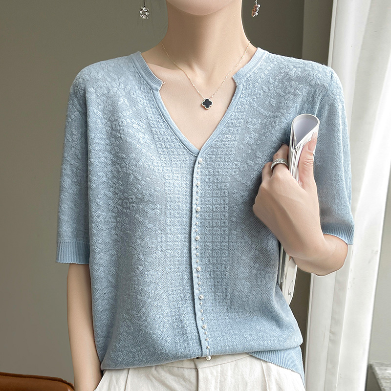 Kip Hart Kraag Ijs Zijde Korte Mouwen Dames Zomer Effen Kleur Dunne Franse Mode Losse Zijden T-shirt Top