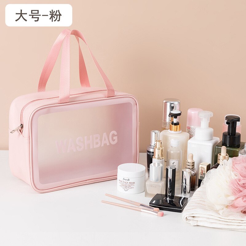 Stijlvolle brief toilettas pu make-up tas transparante reisorganizer toilettassen hoge capaciteit waterdichte dames cosmetische tassen: Grote roze