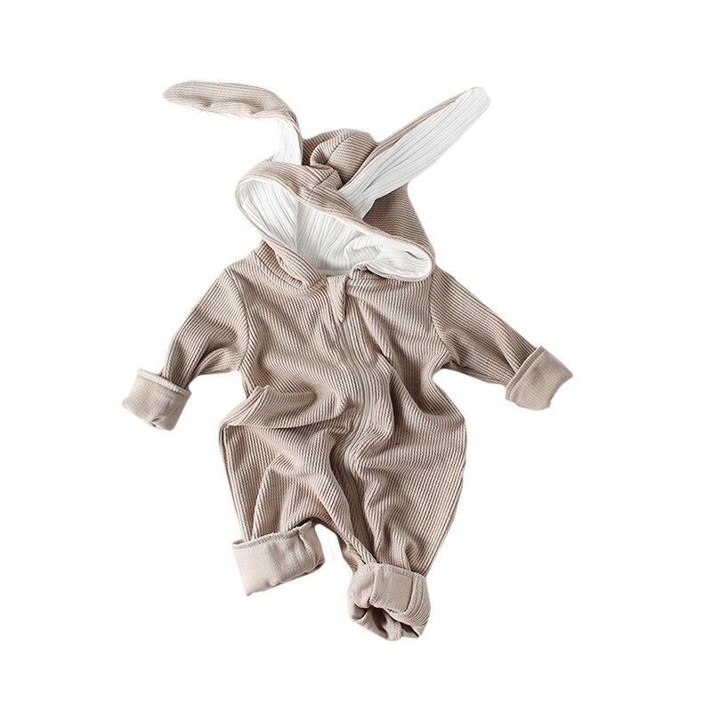 Bunny Baby Winter Rompertjes Voor Jongens Jumpsuit Pluche Voering Baby Meisje Romper Lange Oren Hooded Baby Onesie Peuter Baby Kleding 1Pc: Khaki no plush / 18m