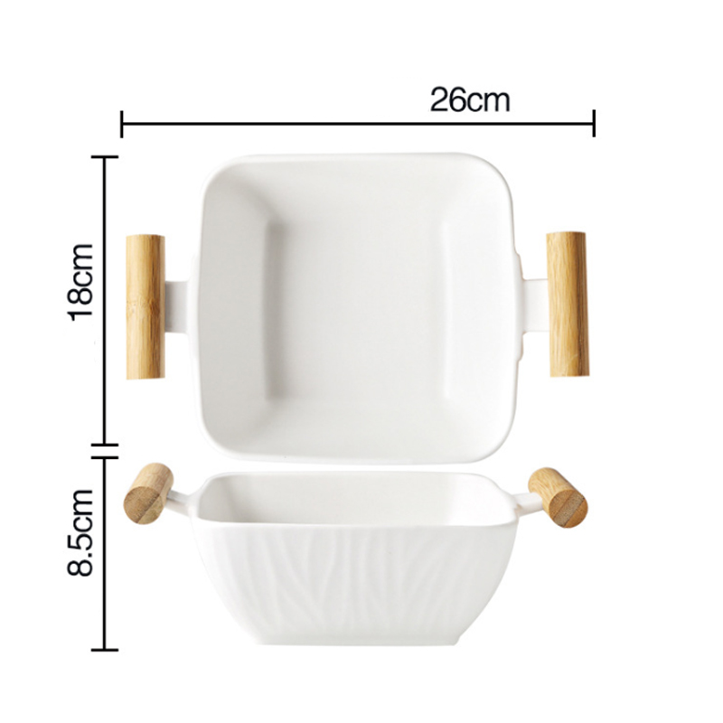 Keramisk firkantet stor suppeskål dobbelt ørehåndtag frugtsalatplade dessertbakke aftensmad servise sæt med lågplade: Hvid
